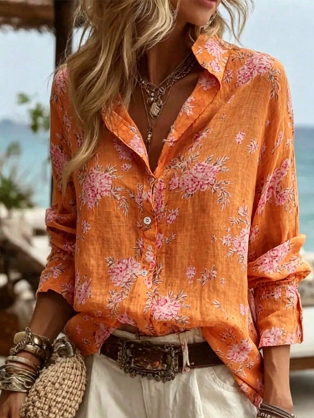 Orange Boho Women's Loose Regular Fit Printed Button-Down Lapel Shirt